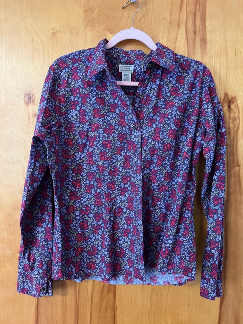 L.L.Bean Navy Floral Button-Up Shirt with Red & Light Blue Print